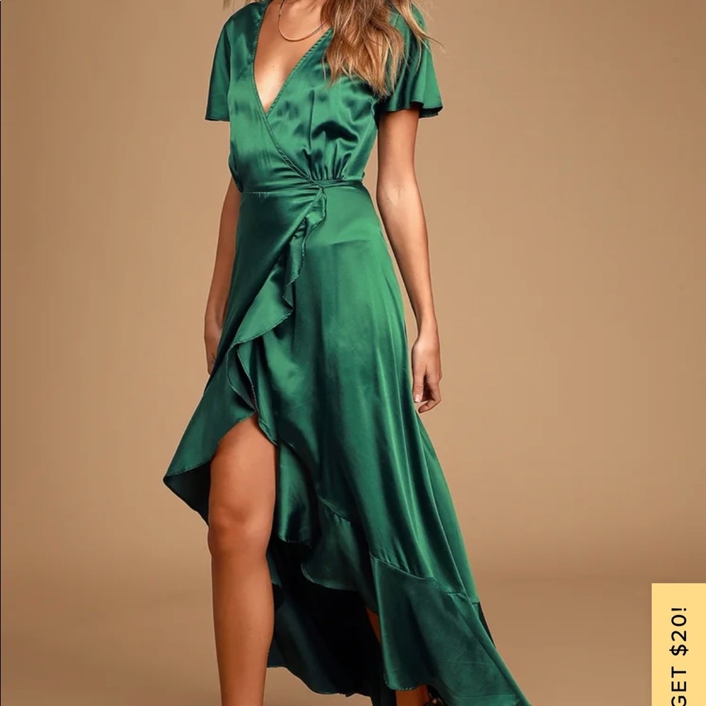 Love Of Your Life Dark Green Satin Ruffled Wrap Maxi Dress